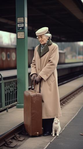 An elderly woman waiting for a train at an old-fashioned station, holding a small suitcase and a book, wearing a beige coat, a scarf, and a hat, the platform is empty, except for a pigeon and a stray cat, a distant clock tower can be seen, Photography, using a vintage film camera, 50mm lens, --ar 9:16 --v 5