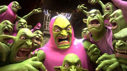 An eldritch amalgamation of infinite screaming angry Shrek faces --ar 16:9