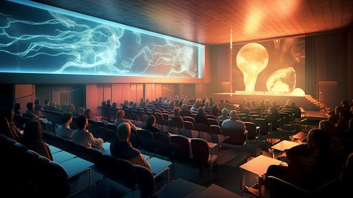 An elegant lecture hall setting with holographic projections of brain structures and innovative symbols, medium: digital art, style: evoking a sense of academic prestige and forward-thinking, lighting: soft ambient light with spotlights on key areas of interest, colours: rich browns, muted golds, and cool blues, composition: shot with a Sony Alpha 1, emphasizing the blend of traditional academia and modern neuroscience, with a focus on Dr. Emiliana Rodriguez and her contributions to the field, set against the backdrop of Softtek's commitment to innovation. --ar 16:9 --v 5.1 --style raw --s 750