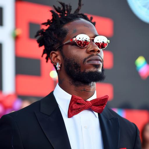 An elegant man shows off his red bowtie on the red carpet of the MTV VMAs