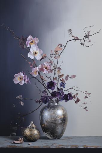 An elegant proof Mixed Media, Grisaille mixed with thick impasto, trompe l'oeil, polished silver and blurple, metallic bronze, dark rose-gold, glazed --ar 2:3