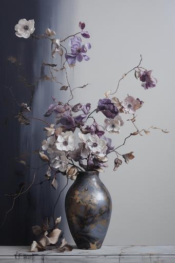 An elegant proof Mixed Media, Grisaille mixed with thick impasto, trompe l'oeil, polished silver and blurple, metallic bronze, dark rose-gold, glazed --ar 2:3