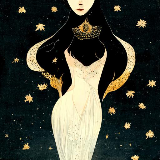 An elegant queen of the night with flowing black hair with shining little stars and pearls in it, gesturing in a languid and delicate pose, dress split up to the hips, a broad belt around the slim waist, arcane symbols embroidered on her dress, golden particles and spectral light  + a big circular amber full moon  behind all, in background  + ambient light from within this lady body, deep blue and turquoise dusk with a lot of twinkling stars  + style Sidney Simes, Edmund Dulac, Arthur Rackham, The Golden Age of illustration, masterpiece, detailed, intricate ink, washed inks, gouache, pen and pencil, exotic techniques, on cream paper, varnish glazing  ,   -- ar9:16
