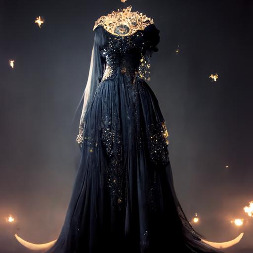 An elegant queen of the night with flowing black hair with shining little stars and pearls in it, gesturing in a languid and delicate pose, dress split up to the hips, a broad belt around the slim waist, arcane symbols embroidered on her dress, golden particles and spectral light  + a big circular amber full moon  behind all, in background  + ambient light from within this lady body, deep blue and turquoise dusk with a lot of twinkling stars  + style Sidney Simes, Edmund Dulac, Arthur Rackham, The Golden Age of illustration, masterpiece, detailed, intricate ink, washed inks, gouache, pen and pencil, exotic techniques, on cream paper, varnish glazing  ,   -- ar9:16