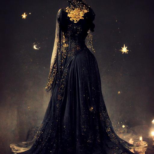 An elegant queen of the night with flowing black hair with shining little stars and pearls in it, gesturing in a languid and delicate pose, dress split up to the hips, a broad belt around the slim waist, arcane symbols embroidered on her dress, golden particles and spectral light + a big circular amber full moon behind all, in background + ambient light from within this lady body, deep blue and turquoise dusk with a lot of twinkling stars + style Sidney Simes, Edmund Dulac, Arthur Rackham, The Golden Age of illustration, masterpiece, detailed, intricate ink, washed inks, gouache, pen and pencil, exotic techniques, on cream paper, varnish glazing , -- ar9:16