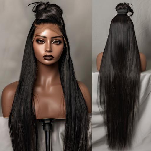 An elegant very long, straight lace front wig on a beautiful African American mannequin head. The wig should exhibit a bone straight texture in an updo style. Black color, providing a sense of volume and depth. Highlight the glossiness and bone straight silky color and the realistic hairline. In the same image inclde another elegant veru long, curly lace front wig on a beautiful African American mannequin head. The wig should exibit a very curly texture. Fire red color, providing a sense of volume and depth. Highlight the glossiness and vibrant color and the realistic hairline. --v 6.0 --style raw