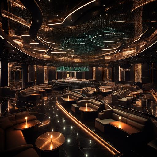 An elevated elegant night club with a roman empire touch Led Light cieling materials.