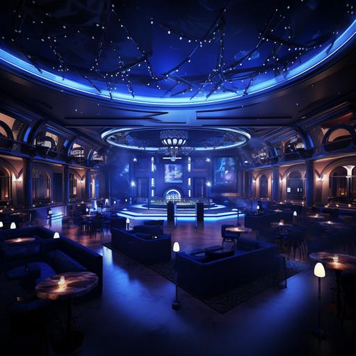 An elevated elegant night club with a roman empire touch look and feel with limited seats and more dance floor. Led Light cieling that makes u feel like you are in an open sky warm light and dark night blue should be the ambiance The Bar should have roman touches and have a space For flair bartending with fire shows