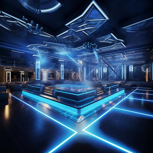 An elevated elegant night club with a roman empire touch look and feel with limited seats and more dance floor. Led Light cieling that makes u feel like you are in an open sky warm light and dark night blue should be the ambiance The Bar should have roman touches and have a space For flair bartending with fire shows