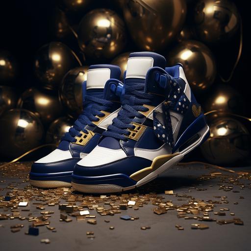 An elevated sneaker ball flyer design using navy blue, gold, black and white in the mood of grown and sexy for editorial and cinematic print, NO WORDS, NO TEXT, High-top sneaker