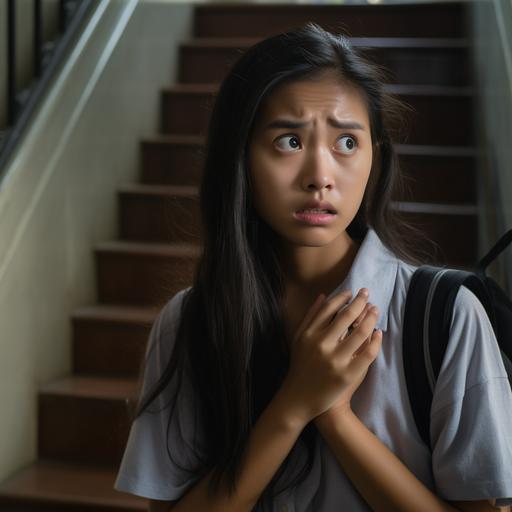 An embarassed and disappointed Filipino girl high school student in the hallway facing in the camera lowering her hand