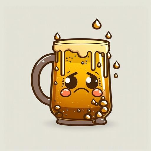 An emblem of an unhappy cartoon glass beer mug, frothy, Golden color, Chibi art style