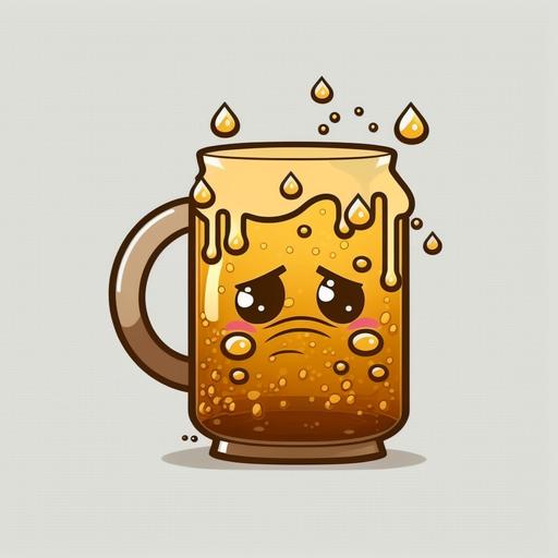 An emblem of an unhappy cartoon glass beer mug, frothy, Golden color, Chibi art style