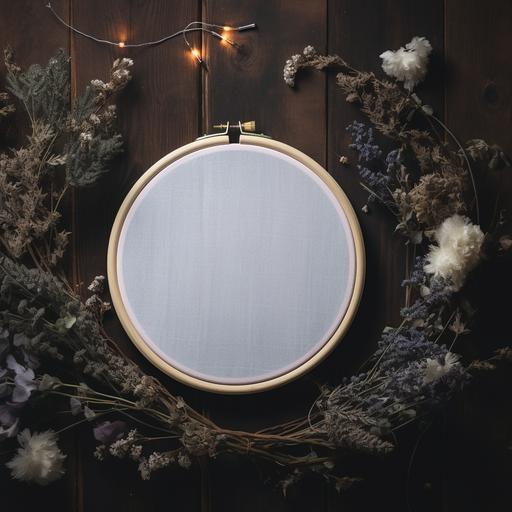 An embroidery mockup, with white fabric in an embroidery hoop. A realistic photo taken from above on wood. With a witchy and mysterious ambiance. Include crystals and white sage.