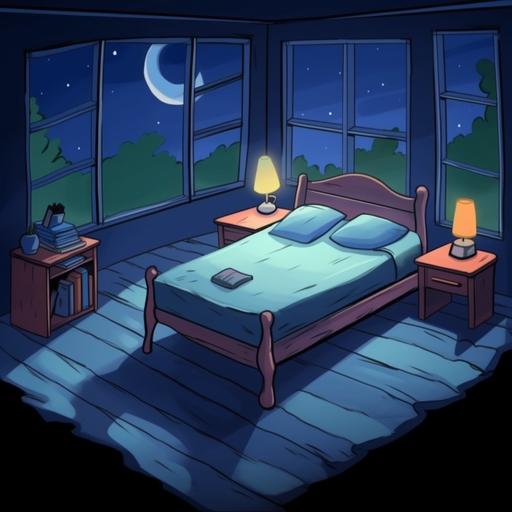 An empty cartoon bedroom, in the style of Bill Watterson, in the style of Adventure Time, dark lighting, a wooden bed frame with a dark blue comforter and light blue pillows, small bookshelf, a wooden nightstand on one side of the bed, a window behind the bed with dark landscape outside, minimalistic --no wall decorations --ar 1:1 --v 5.1