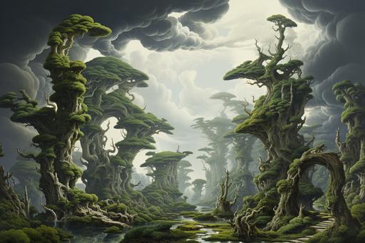 An enchanted desert with topiary vines and old trees shaped like mythical creatures, majestic storm clouds --ar 3:2 --s 250