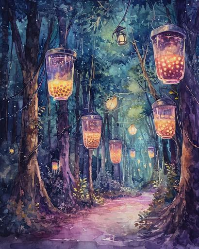 An enchanted forest where trees bear giant glasses of glowing Boba Tea, depicted in a colorful watercolor style --ar 4:5 --style raw --v 6.0