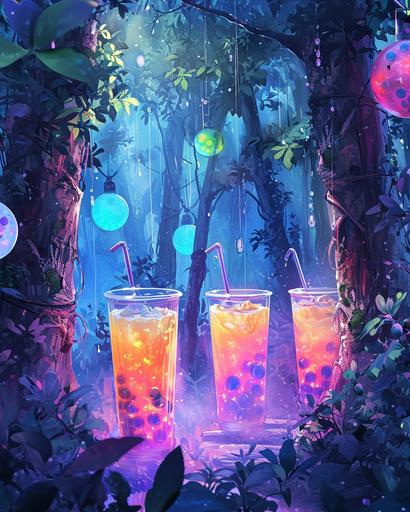 An enchanted forest where trees bear giant glasses of glowing Boba Tea, depicted in a colorful watercolor style --ar 4:5 --style raw --v 6.0