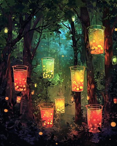 An enchanted forest where trees bear giant glasses of glowing Boba Tea, depicted in a colorful watercolor style --ar 4:5 --style raw --v 6.0