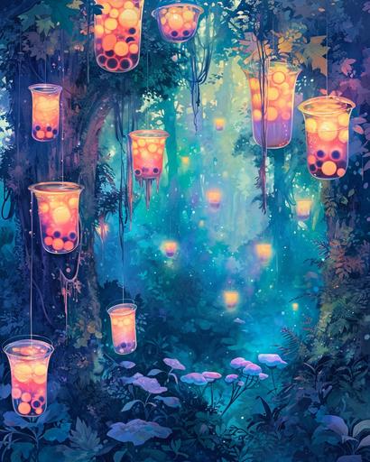 An enchanted forest where trees bear giant glasses of glowing Boba Tea, depicted in a colorful watercolor style --ar 4:5 --style raw --v 6.0