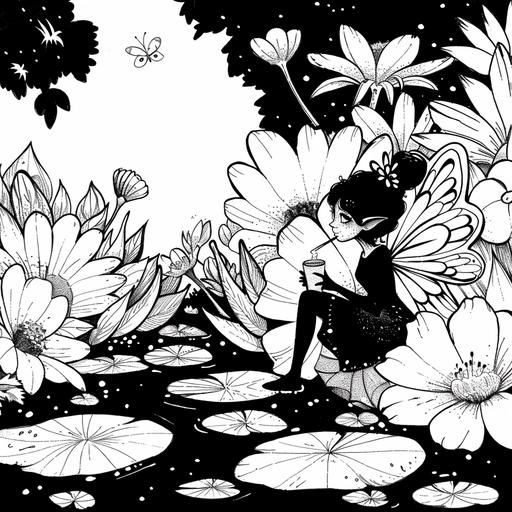 An enchanting fairy garden scene with a black fairy enjoying a tiny cup of coffee amidst oversized flowers for a coloring book. It should be black and white with cartoon style images