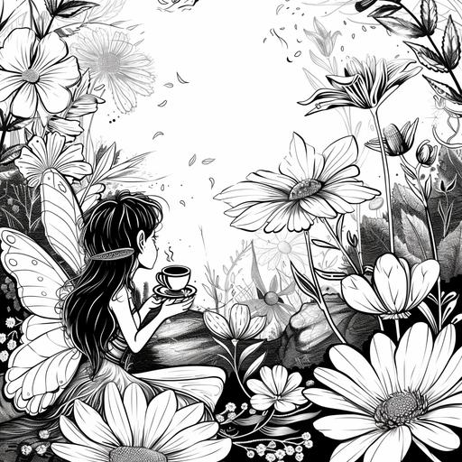 An enchanting fairy garden scene with a black fairy enjoying a tiny cup of coffee amidst oversized flowers for a coloring book. It should be black and white with cartoon style images