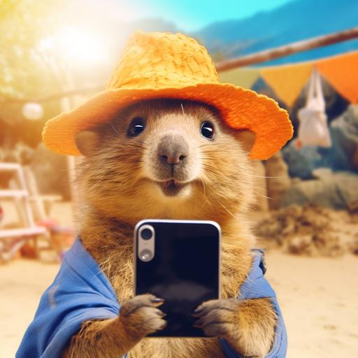 An engaging Instagram post featuring a Quokka influencer taking a filtered selfie. The Quokka is positioned in the foreground, holding a smartphone and flashing a charismatic smile. The Quokka is adorned with trendy accessories like sunglasses or a stylish hat, showcasing their influencer persona. The selfie frame is filled with vibrant filters, adding a playful and visually appealing touch to the image. The background can feature elements that reflect the world of social media, such as icons, likes, or hashtags, symbolizing the Quokka's online presence. The Instagram logo is subtly incorporated to signify the platform. The post's caption could be something like 