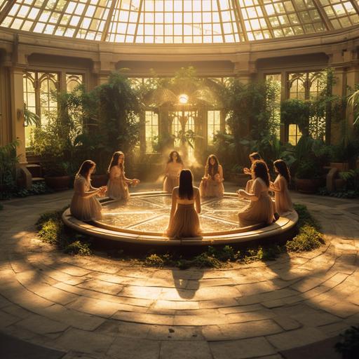 An epic photo of Wicca priestesses bathing in a golden font in the center of a small solarium temple with runic signs on the floor, simple benches along the walls, a wooden pavilion, a lot of greenery, flowers, sunlight, the water in the font glows and sparkles in the sun, Unreal Engine, cinematography, editorial photography, megapixel photography, Pro Photo RGB , VR, Single Frame, Good, Ambient Light, Half Light, Backlight, Natural Light, Incandescent Light, Optical Fiber, Dark Light, Cinematic Light, Studio Light, Soft Light, Ambient Light, Contrast Light , Beautiful Light, Spotlight, Ambient Light, Screen Tracking Volume, General Illumination, Optics, Global Light Tracing, Ray Tracing, Optics, Ray Tracing, Glow, Shadows, Raw, Glow, Ray Tracing, Slit Reflections, Spatial Separation, Diffraction Gradation , chromatic aberration, GB offset, scan lines, ray tracing, ray tracing, ambient light, shading, anti-aliasing, FKAA, TXAA, RTX, SSAO, shaders, OpenGL shaders, GLSL shaders, post-processing, post-processing. Cell Shading, Tone Mapping, CGI, Visual Effects, Incredibly Detailed and Complex Photos, Graphics, Visual Effects, Sound Effects, Incredibly Detailed and Complex, Hyper Max, Elegant, Hyper Realistic, Super Detailed, Dynamic Pose, Hyper Realistic, 3D, Photo Realistic, Ultra Realistic, Super Detail, Complex, 8K, Super Detail, Background Shading, Volumetric Lighting, High Contrast, HDR, --q 2 --v 5.1 --s 250