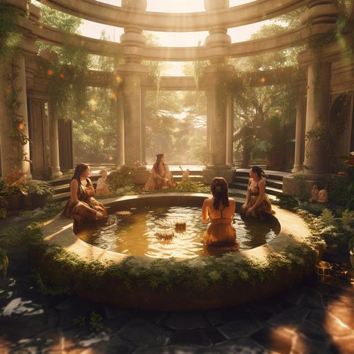 An epic photo of Wicca priestesses bathing in a golden font in the center of a small solarium temple with runic signs on the floor, simple benches along the walls, a wooden pavilion, a lot of greenery, flowers, sunlight, the water in the font glows and sparkles in the sun, Unreal Engine, cinematography, editorial photography, megapixel photography, Pro Photo RGB , VR, Single Frame, Good, Ambient Light, Half Light, Backlight, Natural Light, Incandescent Light, Optical Fiber, Dark Light, Cinematic Light, Studio Light, Soft Light, Ambient Light, Contrast Light , Beautiful Light, Spotlight, Ambient Light, Screen Tracking Volume, General Illumination, Optics, Global Light Tracing, Ray Tracing, Optics, Ray Tracing, Glow, Shadows, Raw, Glow, Ray Tracing, Slit Reflections, Spatial Separation, Diffraction Gradation , chromatic aberration, GB offset, scan lines, ray tracing, ray tracing, ambient light, shading, anti-aliasing, FKAA, TXAA, RTX, SSAO, shaders, OpenGL shaders, GLSL shaders, post-processing, post-processing. Cell Shading, Tone Mapping, CGI, Visual Effects, Incredibly Detailed and Complex Photos, Graphics, Visual Effects, Sound Effects, Incredibly Detailed and Complex, Hyper Max, Elegant, Hyper Realistic, Super Detailed, Dynamic Pose, Hyper Realistic, 3D, Photo Realistic, Ultra Realistic, Super Detail, Complex, 8K, Super Detail, Background Shading, Volumetric Lighting, High Contrast, HDR, --q 2 --v 5.1 --s 250