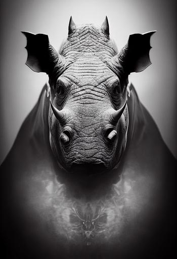 An evil looking rhino king in skull makeup, angry, regal, existential dread, terrifying, black and white, fractal smoke from above, cinematic lighting, 8k, hyper realistic, ultra detailed, moody rim lighting, diffuse lighting, Cinestill 800T --testp --ar 9:16 --upbeta --upbeta --upbeta --v 3