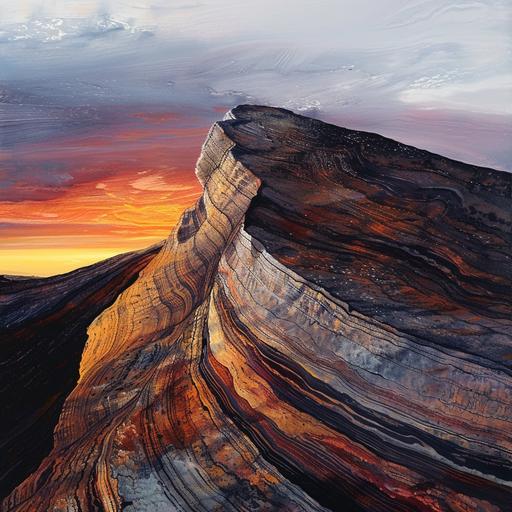 An evocative oil painting of Vinicunca at sunset, thick paint strokes, vibrant color, abstract texture, weathered topography, undefined edges, flowing art, stone, wood, marble, environment, high detail, natural photo realistic, 4k