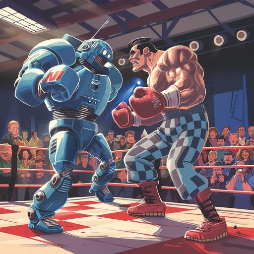 An exaggerated, cartoonish minimalistic depiction of Deep Blue as a bulky, modern AI computer with arms and legs, wearing a boxing glove on one hand. It's in a boxing ring against Kasparov, who is depicted with exaggerated muscles, wearing a chessboard patterned boxing robe. The crowd is a mix of humans and computers, cheering on their respective champions. --v 6.0