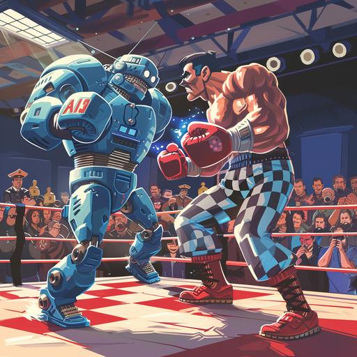 An exaggerated, cartoonish minimalistic depiction of Deep Blue as a bulky, modern AI computer with arms and legs, wearing a boxing glove on one hand. It's in a boxing ring against Kasparov, who is depicted with exaggerated muscles, wearing a chessboard patterned boxing robe. The crowd is a mix of humans and computers, cheering on their respective champions. --v 6.0