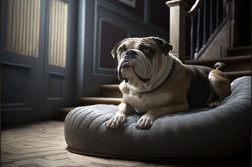 An excited English bulldog, lying on a soft orthopaedic dog bed, grey herringbone fabric, grey velvet, in an entrance hall, wooden floor, stairs with carpet, banister, front door, hatstand, coats, boots, soft furnishings, sunny, intricate details, soft cinematic lighting, photorealistic, lifelike, high definition, Incredibly detailed, sharpen details, cinematic production still, F/2.8, 8k, HD, cinematography, photorealistic, epic composition, Cinematic, Color Grading, portrait photography, Ultra-Wide Angle, Depth of Field, hyper-detailed, beautifully colored, insane detail, intricate detail, reflections, accent lighting, Rembrandt lighting, polished, radiant, Ray Tracing Reflections, Lumen Reflections, Reflections in Screen Space, Diffraction Gradation, Chromatic Aberration, --ar 3:2 --v 4 --uplight --v 4