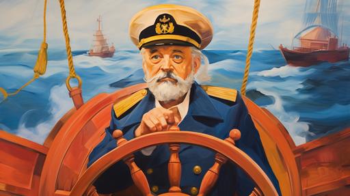 An expressive oil painting of Bill Murray as His Lordship, Rear Admiral Steve Zissou in an early Royal Navy uniform, with shoulderboards, with tricorner hat, piloting a Napoleonic schooner, at the wheel, framed in the center of the image, painted like the 