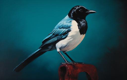 An expressive painting of a magpie on dark red velvet. The magpie is painted in black, white, and teal. Visible brushstrokes. --ar 16:10