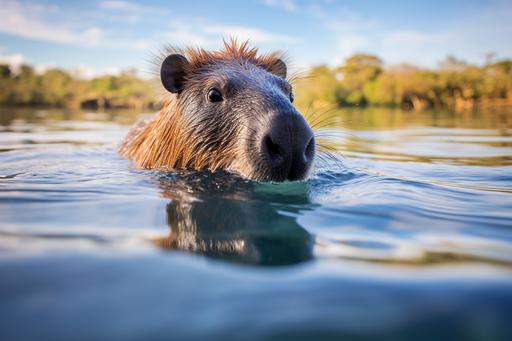 An exquisite professional photograph featuring a cyan capybara gracefully swimming in the crystal-clear waters of a secluded lagoon. The capybara's striking blue fur is accentuated by the shimmering reflections of the water, creating a magical and serene image. The photograph captures the elegance and grace of this rare capybara, surrounded by the peaceful beauty of the lagoon. --ar 3:2 --v 5.1