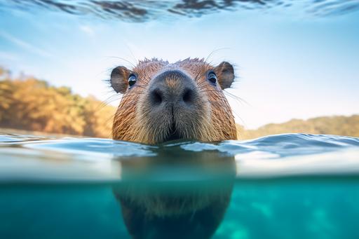 An exquisite professional photograph featuring a cyan capybara gracefully swimming in the crystal-clear waters of a secluded lagoon. The capybara's striking blue fur is accentuated by the shimmering reflections of the water, creating a magical and serene image. The photograph captures the elegance and grace of this rare capybara, surrounded by the peaceful beauty of the lagoon. --ar 3:2 --v 5.1