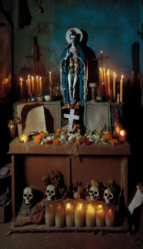An extremely realistic and highly detailed photograph 35 mm of a mexican religious altar centered in an place inside of an old and abandoned mexican boxing gym, full of lighgting candles of difrent sizes and colors melted over multiple racks with multiple saints figures in various sizes and catholic rosarios hanging and cristian crosses among some dia de los muertos sugar skulls and decor with a virgen de guadalupe as a central figure in the altar, guirnaldas decoring the altar too, dark mood with natural light by William Eggleston, focused, hyper realistic, photorealistic, 8k --ar 9:16 --s 750