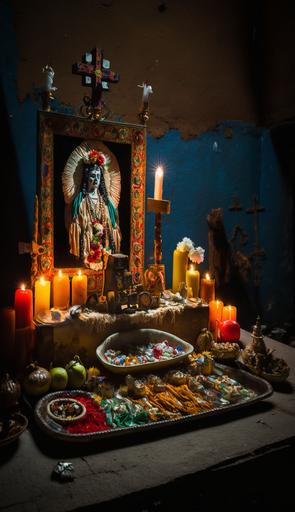 An extremely realistic and highly detailed photograph 35 mm of a mexican religious altar centered in an place inside of an old and abandoned mexican boxing gym, full of lighgting candles of difrent sizes and colors melted over multiple racks with multiple saints figures in various sizes and catholic rosarios hanging and cristian crosses among some dia de los muertos sugar skulls and decor with a virgen de guadalupe as a central figure in the altar, guirnaldas decoring the altar too, dark mood with natural light by William Eggleston, focused, hyper realistic, photorealistic, 8k --ar 9:16 --s 750