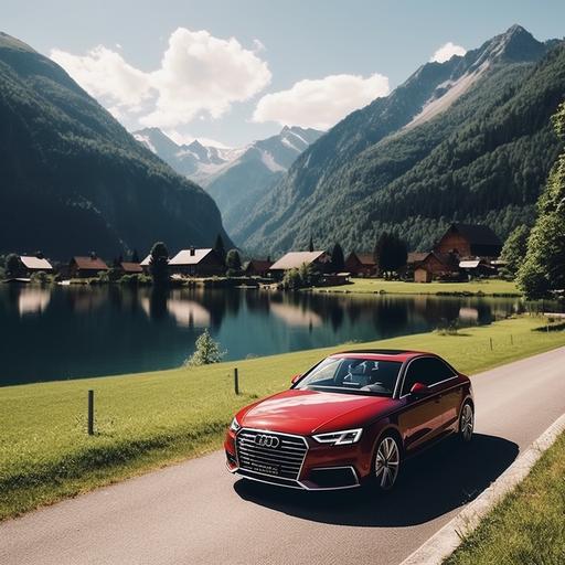 “An eye-catching Instagram advertisement for vehicle insurance in Switzerland. The image should depict a modern and sophisticated car in an idyllic Swiss setting, with mountains and a lake in the background. The car is framed by two contrasting circles: one symbolizes the high costs and lower quality services of competitors, while the other represents lower costs and higher quality of the advertised insurance service. The text, in correct and error-free French, should be clear and in large letters, stating: ‘50% Less Expensive, Superior Quality’. The overall design must be clear, professional, and visually appealing, encouraging viewers to click on the ad.”