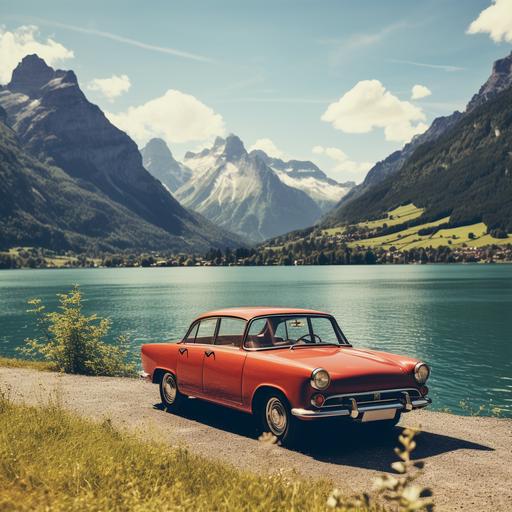 “An eye-catching Instagram advertisement for vehicle insurance in Switzerland. The image should depict a modern and sophisticated car in an idyllic Swiss setting, with mountains and a lake in the background. The car is framed by two contrasting circles: one symbolizes the high costs and lower quality services of competitors, while the other represents lower costs and higher quality of the advertised insurance service. The text, in correct and error-free French, should be clear and in large letters, stating: ‘50% Less Expensive, Superior Quality’. The overall design must be clear, professional, and visually appealing, encouraging viewers to click on the ad.”