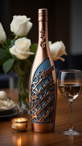 An ice-blue glass Atlantean wine bottle on an intricate table made of inlaid ebony wood and rose wood and Cimmerian walnut wood --c 50 --ar 9:16 --s 1000