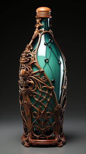An ice-blue glass Atlantean wine bottle on an intricate table made of inlaid ebony wood and rose wood and Cimmerian walnut wood --c 50 --ar 9:16 --s 1000