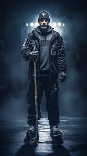 An ice hockey coach stands in the middle of the arena on the ice rink, around his neck he wears a thick iron chain with a lock, he wears a jogging jacket and jogging pants and a cap, the atmosphere is mystical and he stands under a spotlight, in his hand he holds an ice hockey stick, moody, modern, cinematic realism, shot with hasselblad 30mm, Kodak Ektar 100::1 ,::1 --ar 9:16