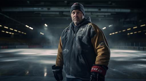 An ice hockey coach stands in the middle of the arena on the ice rink, around his neck he wears a thick iron chain with a lock, he wears a jogging jacket and jogging pants and a cap, the atmosphere is mystical and he stands under a spotlight, in his hand he holds an ice hockey stick, moody, modern, cinematic realism, shot with hasselblad 30mm, Kodak Ektar 100::1 ,::1 --ar 16:9