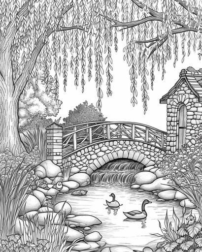 An idyllic farmer's garden scene with a small brook running through, stone bridges, and ducks swimming peacefully, surrounded by weeping willows. Designed as a coloring page for adults, thick lines, black and white, greyscale --ar 4:5 --v 6.0
