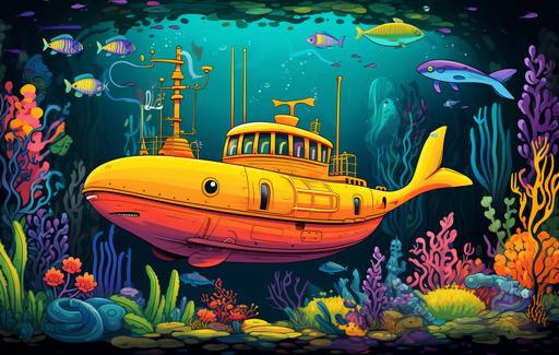 An illustration in the style of the Beatles' animation Yellow Submarine, cartoon, with an yellow whale submarine as the motif, in the middle of a jungle, accent colors are rainbow --ar 2022:1275