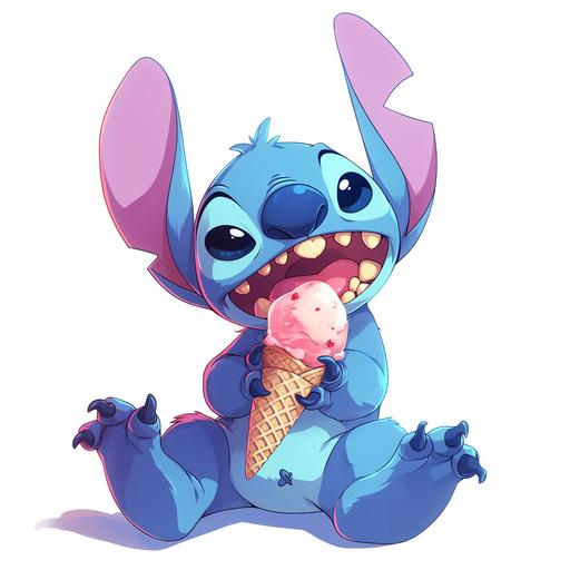 An illustration of Stitch from Disney cartoon, Stitch was eating ice-cream. On a white background --niji 6