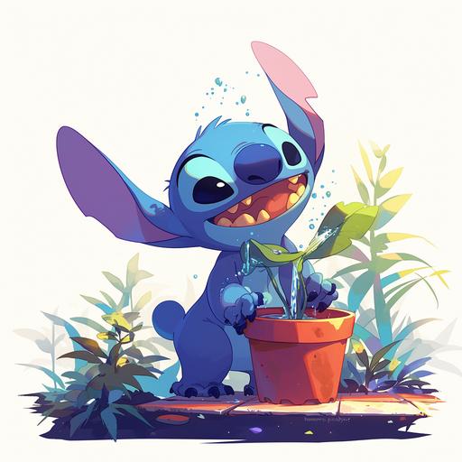 An illustration of Stitch from Disney cartoon, Stitch was watering plants. On a white background --niji 6